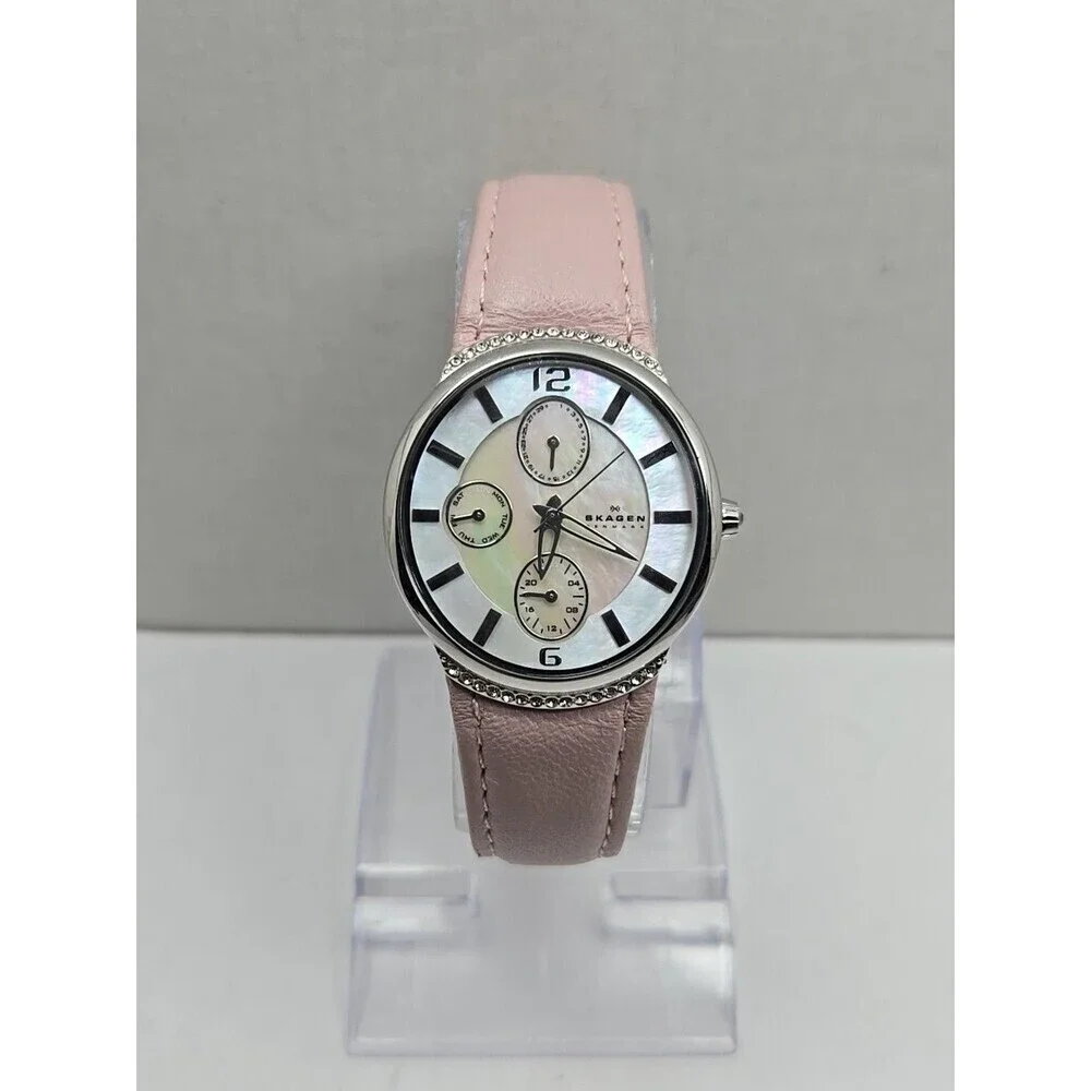 Skagen 586SSLP Womens Day Date Watch MOP Crystal Bezel Pink Leather New Battery